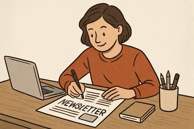 Illustration of a person writing a newsletter at a desk Illustration of a person writing a newsletter at a desk